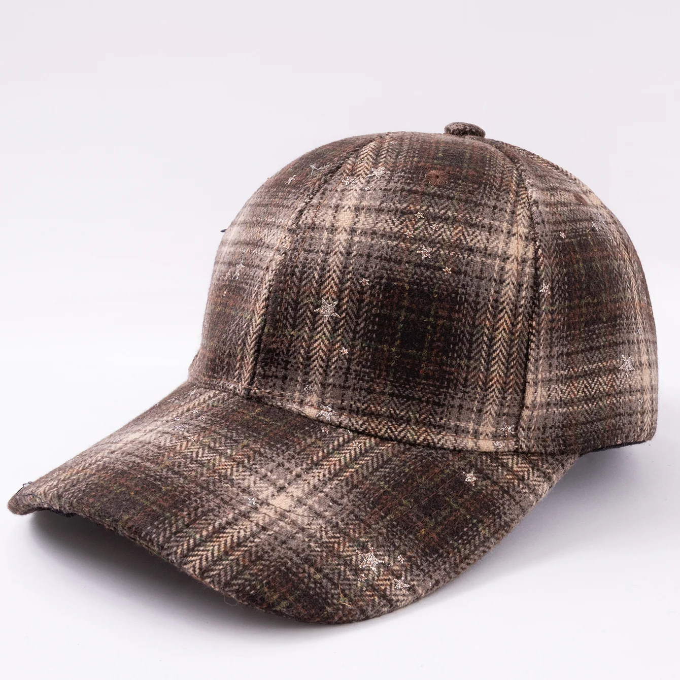 Wool Check Pattern Silver Glitter Star Embossed Baseball Cap, Retro And Fashionable,… — image 1