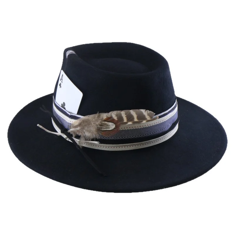 Wool Felt With Feathers Fallwinter Flat-brim Jazz Hat — image 6