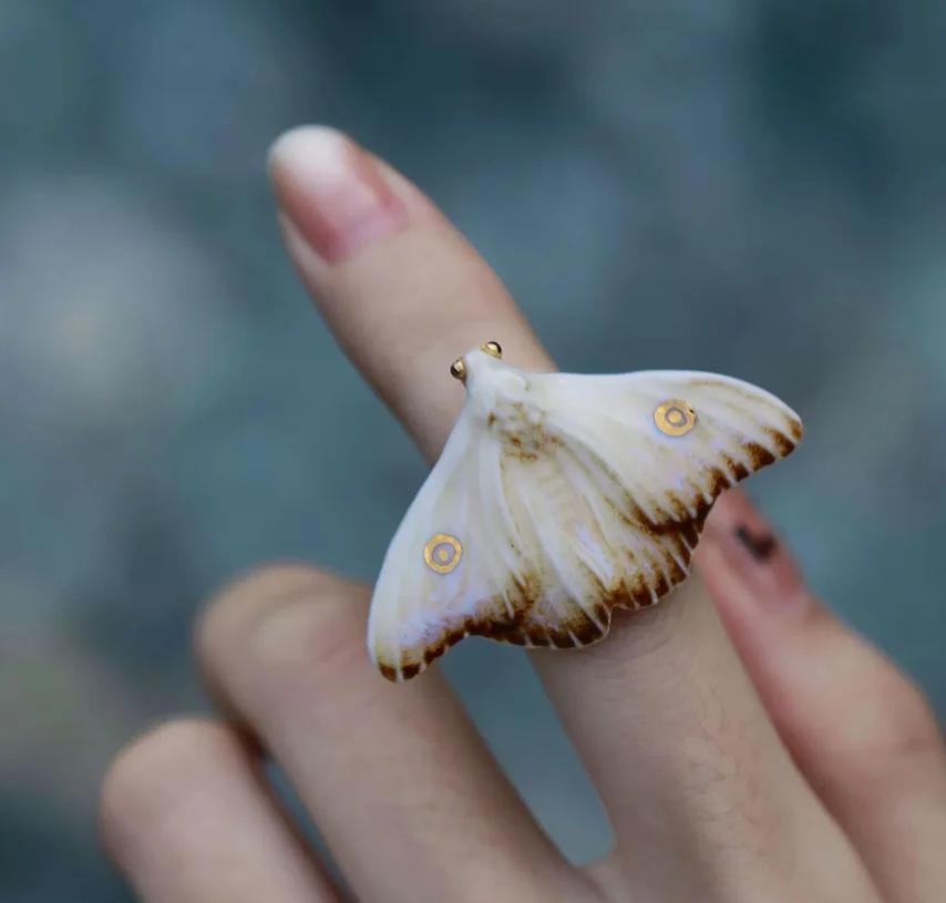 Yellow And Blue Moth Designed Versatile Everyday Artistic Ceramic Ring — image 3