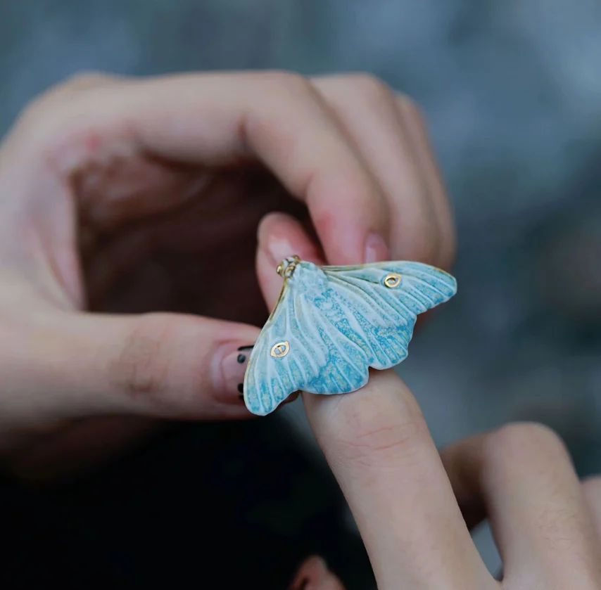 Yellow And Blue Moth Designed Versatile Everyday Artistic Ceramic Ring — image 2