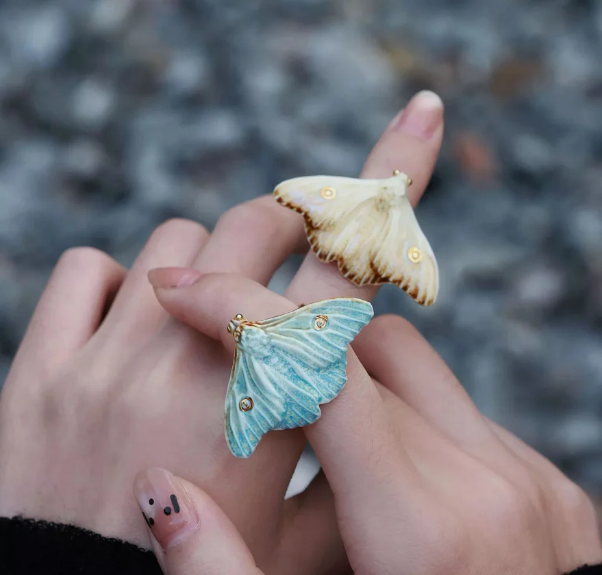 Yellow And Blue Moth Designed Versatile Everyday Artistic Ceramic Ring — image 5