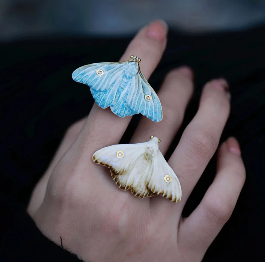 Yellow And Blue Moth Designed Versatile Everyday Artistic Ceramic Ring — image 6