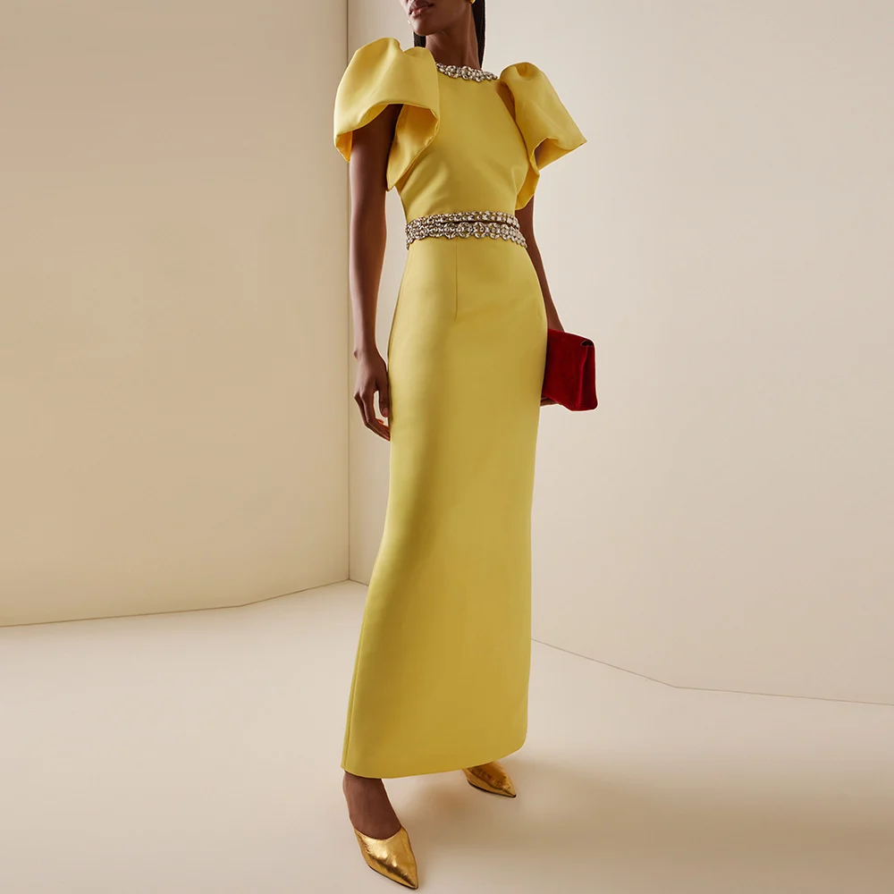 Yellow Two-piece Crystal-trim Puff-sleeve Top&midi Skirt Set — image 2