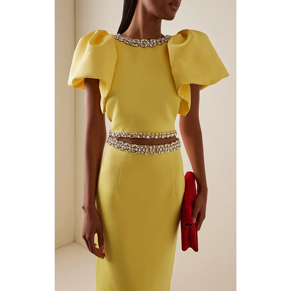 Yellow Two-piece Crystal-trim Puff-sleeve Top&midi Skirt Set — image 4