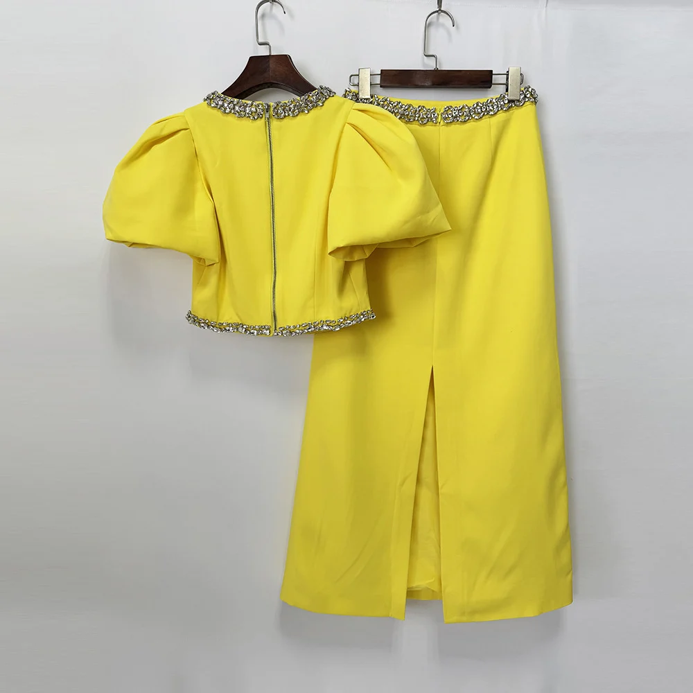 Yellow Two-piece Crystal-trim Puff-sleeve Top&midi Skirt Set — image 3